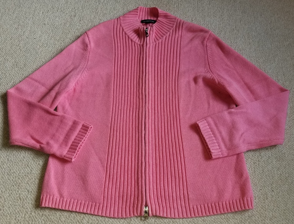 Womens Sweater-LANDS' END-pink 100% cotton ribbed zip cardigan preppy-PL (14/16)